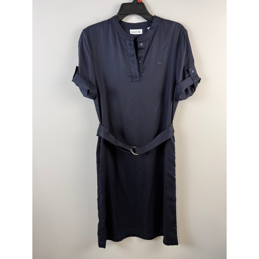 Lacoste Shirt Dress Womens 36 Navy Blue Lyocell Belted Cuffed Sleeve Mini Dress
